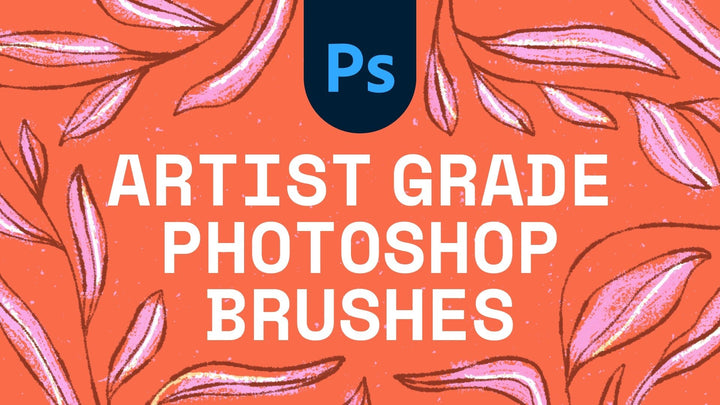 Illustrated advertisement featuring "Ps" logo at top, reading "Professional Adobe Photoshop Digital Brush Collection 24-Pack by Esther Nariyoshi Studio" on a red background with decorative pink and orange leaves. Perfect for anyone looking to elevate their digital art tools.