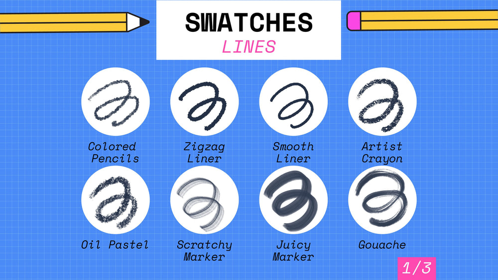 Swatches of various drawing tools, including colored pencils, zigzag liner, smooth liner, artist crayon, oil pastel, scratchy marker, juicy marker, and gouache are displayed on a blue grid background—perfect for exploring mixed media and Procreate brushes in your digital art projects with the Realistic Procreate Mixed Media Sketchbook Essentials brush set 8-pack from Esther Nariyoshi Studio.