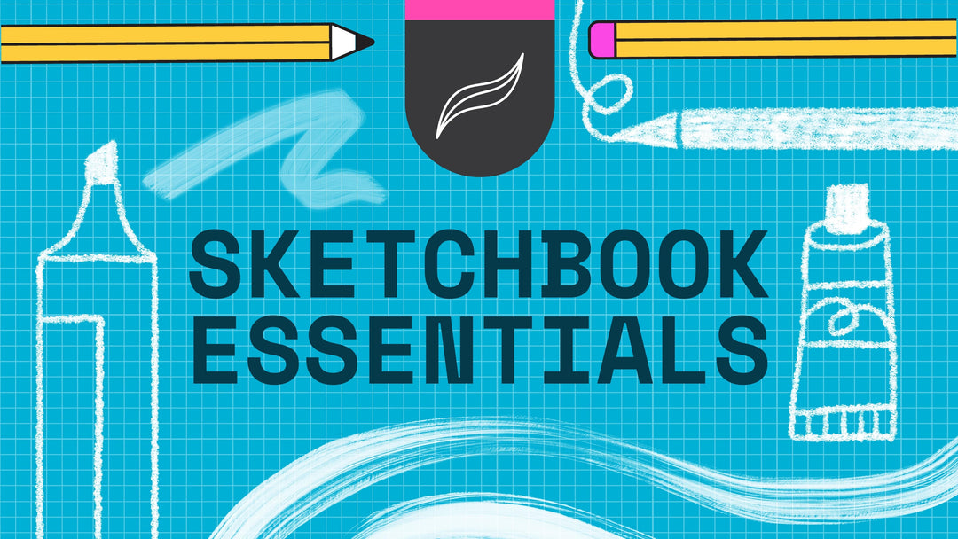 Realistic Procreate Mixed Media Sketchbook Essentials brush set 8-pack" by Esther Nariyoshi Studio text stands out against a blue grid background, adorned with illustrations of art supplies like a pencil, pen, marker, and paint tube—perfect for mixed media artists.