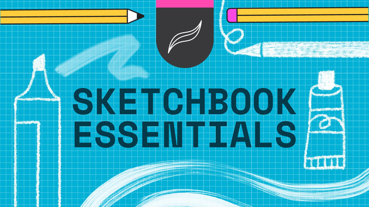 Realistic Procreate Mixed Media Sketchbook Essentials brush set 8-pack" by Esther Nariyoshi Studio text stands out against a blue grid background, adorned with illustrations of art supplies like a pencil, pen, marker, and paint tube—perfect for mixed media artists.