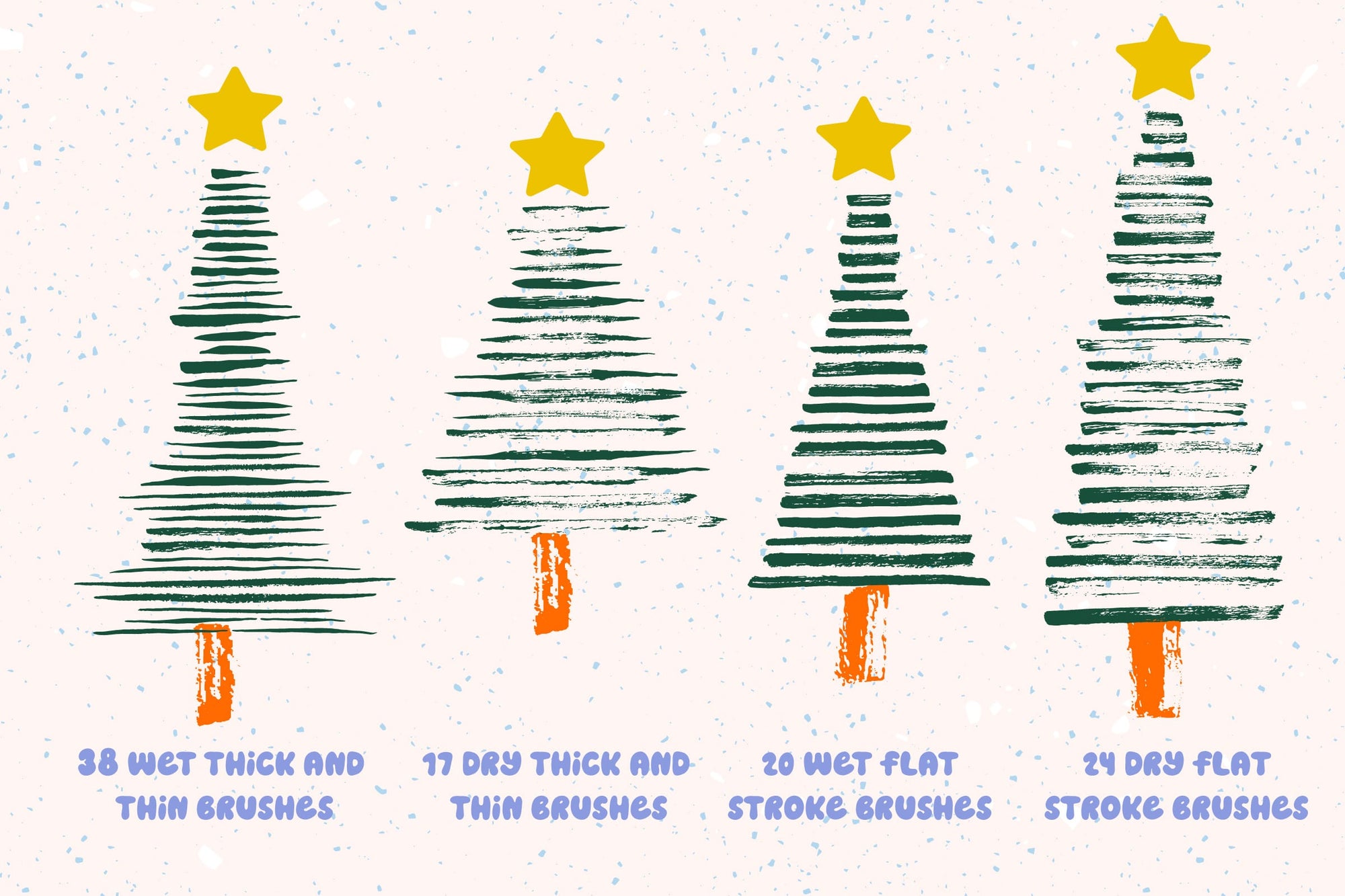 Four stylized Christmas trees with different Esther Nariyoshi Studio Adobe Illustrator Bristles and Strokes brushes 99-pack designs, each topped with a yellow star, on a speckled background.