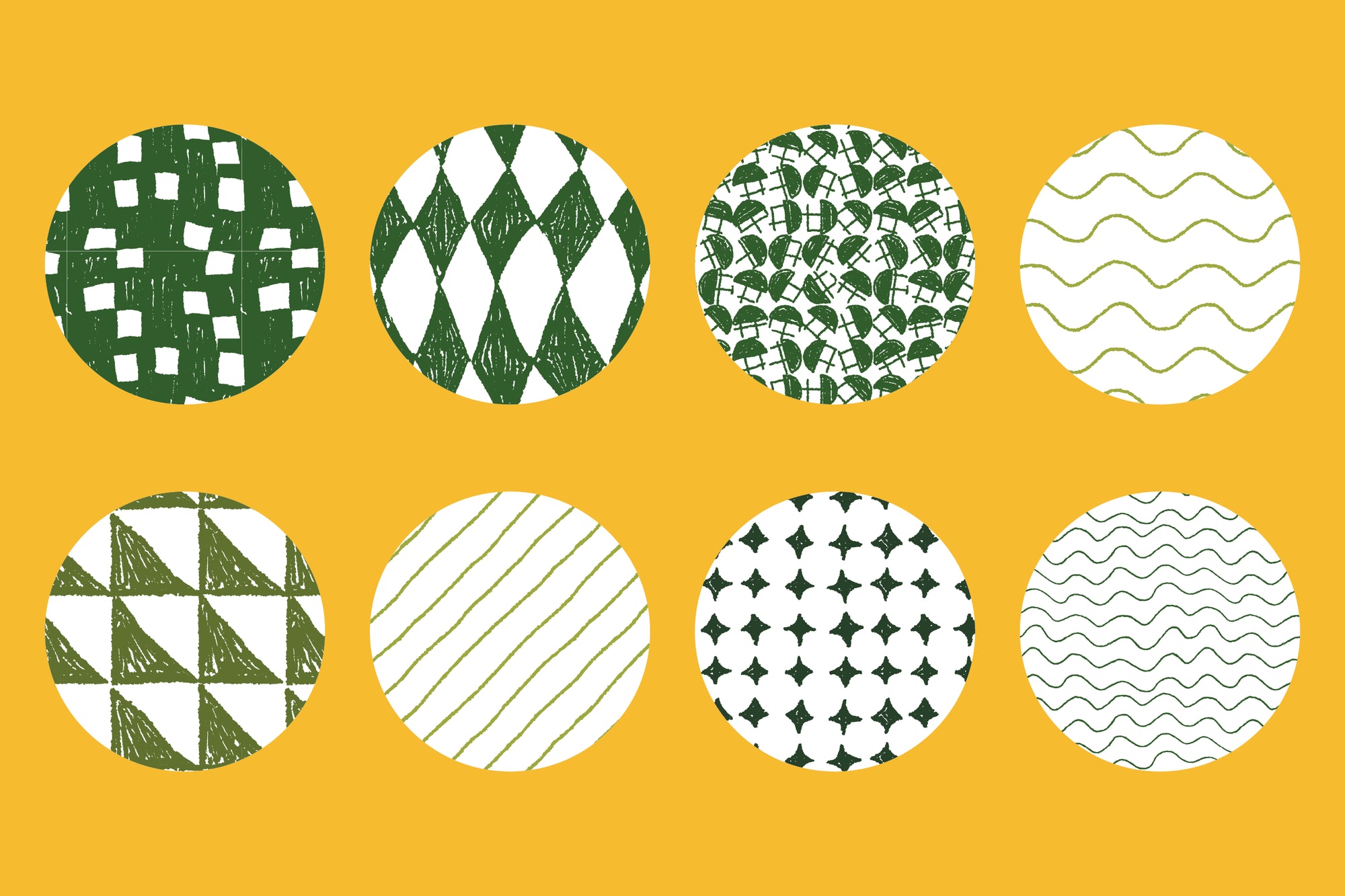 Eight circular patterns with various green and white geometric designs on a yellow background, featuring Esther Nariyoshi Studio's Adobe Illustrator Organic Seamless Brushes 20-Pack.