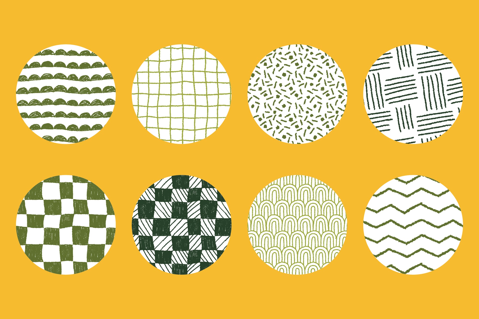 Eight round icons with various green and white organic textures created using Esther Nariyoshi Studio's Adobe Illustrator Organic Seamless Brushes 20-Pack on a yellow background.
