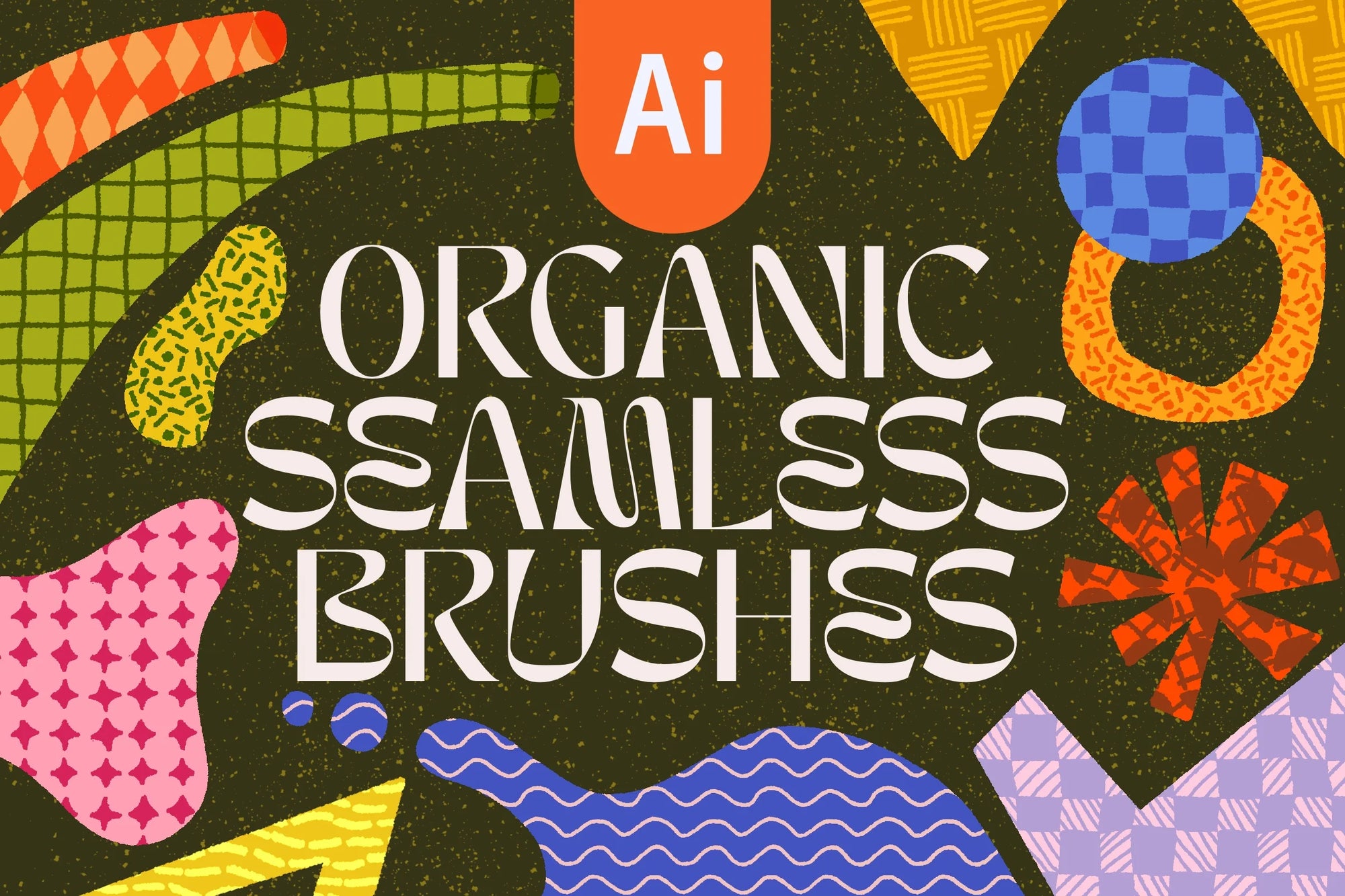 Colorful digital graphic promoting "Adobe Illustrator Organic Seamless Brushes 20-Pack" for Illustrator, featuring assorted patterns and shapes in vibrant colors by Esther Nariyoshi Studio.