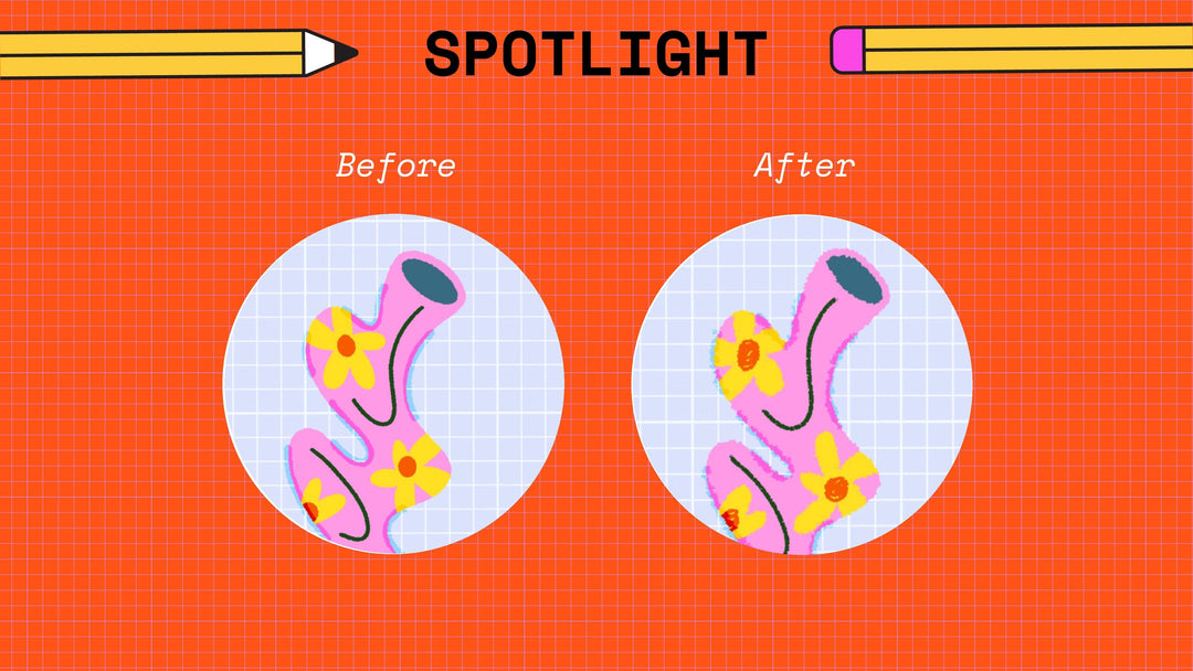 Illustration of two magnified views of coral labeled 'Before' and 'After' against a red background. The 'After' view, created using a Fine Liners Brushes For Procreate 12-Pack from the Esther Nariyoshi Studio, shows increased coloration and flower-like patterns.