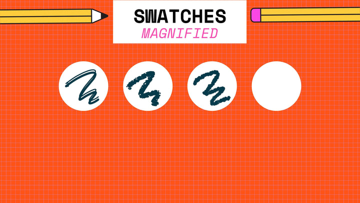 An image titled 'Swatches Magnified' featuring digital artwork of three scribbles in small white circles on an orange grid background, with blank circles on each end and a pencil horizontally placed on the top. Created using the Fine Liners Brushes For Procreate 12-Pack from Esther Nariyoshi Studio.