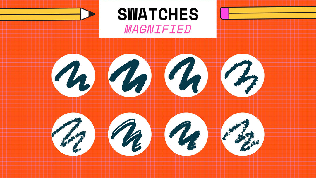 An image titled "Swatches Magnified" showcasing eight circular swatches with different scribble patterns, arranged in two rows on a red grid background, framed by two pencils at the top and bottom, created using the Fine Liners Brushes For Procreate 12-Pack from Esther Nariyoshi Studio.