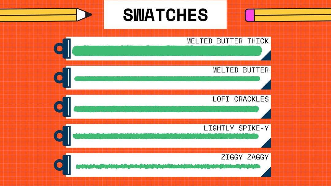 A graphic displays five green swatch samples labeled: Melted Butter Thick, Melted Butter, Lofi Crackles, Lightly Spike-y, and Ziggy Zaggy. The background is orange with a grid pattern. Perfect for your Esther Nariyoshi Studio Fine Liners Brushes For Procreate 12-Pack, these textured fineliner brushes are ideal for creating striking digital artwork.