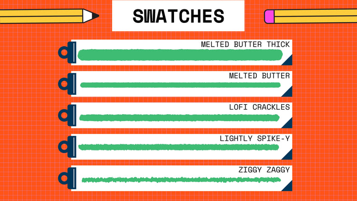 A graphic displays five green swatch samples labeled: Melted Butter Thick, Melted Butter, Lofi Crackles, Lightly Spike-y, and Ziggy Zaggy. The background is orange with a grid pattern. Perfect for your Esther Nariyoshi Studio Fine Liners Brushes For Procreate 12-Pack, these textured fineliner brushes are ideal for creating striking digital artwork.