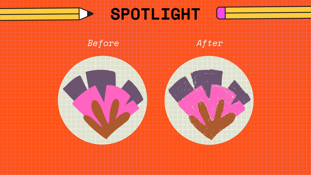 Two circular illustrations depict a "Before" and "After" comparison of a hand adorned with colorful abstract shapes. The images, created using the Fine Liners Brushes For Procreate 12-Pack from Esther Nariyoshi Studio, are set against an orange graph paper background labeled "SPOTLIGHT," complemented by pencil graphics in the top corners.