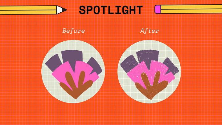 Two circular illustrations depict a "Before" and "After" comparison of a hand adorned with colorful abstract shapes. The images, created using the Fine Liners Brushes For Procreate 12-Pack from Esther Nariyoshi Studio, are set against an orange graph paper background labeled "SPOTLIGHT," complemented by pencil graphics in the top corners.