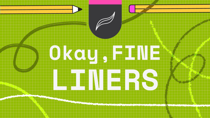 A green graph paper background with two pencils and squiggly lines. The text reads, "Okay, FINE LINERS" in white capital letters, evoking a sense of digital artwork created using the Fine Liners Brushes For Procreate 12-Pack from Esther Nariyoshi Studio.