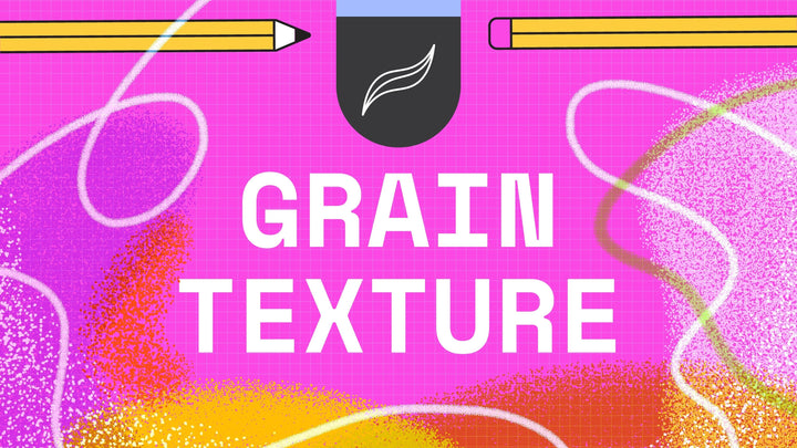 Pink background with scattered colored grain-like texture, white wavy lines, two yellow pencils at the top corners, and bold text in the center that reads "GRAIN TEXTURE" under a black leaf logo. Perfect for showcasing your digital artwork or trying out your new Procreate Grain Texture Brushes 29-Pack by Esther Nariyoshi Studio on your iPad.