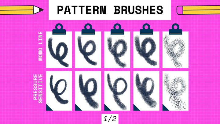 A set of pattern brushes is displayed on a pink grid background. Designed for digital artwork on iPad, the brushes are categorized into Mono Line and Pressure Sensitive, with 5 example strokes under each category. Discover the versatility of our Procreate Grain Texture Brushes 29-Pack by Esther Nariyoshi Studio included in this collection.