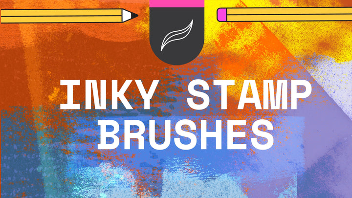 Colorful promotional graphic featuring "Procreate Inky Stamp Brushes 29x" text in bold white letters with two pencils at the top corners against a paint-splattered background, showcasing ink textures perfect for Procreate Stamp brushes and digital art enthusiasts by Esther Nariyoshi Studio.