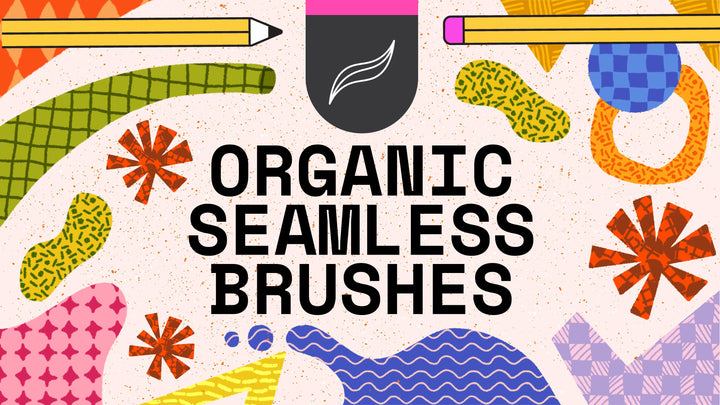 A colorful and abstract design featuring the text "Procreate Organic Seamless Brushes 20-Pack" in bold black letters. Surrounding are various vibrant shapes, digital artwork elements, and two pencils at the top, highlighting organic textures, by Esther Nariyoshi Studio.