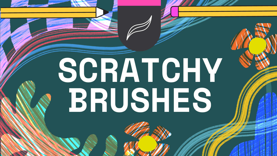 Digital graphic with the text "Scratchy Brushes." The background includes colorful, scratchy patterns, flowers, and drawing tools like a pencil and a paintbrush in a rustic, artistic style, perfect for showcasing Procreate Rake Texture Scratchy Brushes 21x by Esther Nariyoshi Studio on an iPad in your digital artistry projects.