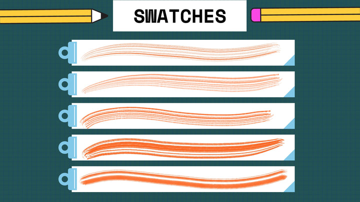 The image showcases a graphic titled "Swatches," featuring five horizontal paint swatch strips with progressively darker shades of orange. Above the title, there are pencils, hinting at digital artistry possibly created using an iPad and Procreate Rake Texture Scratchy Brushes 21x by Esther Nariyoshi Studio.