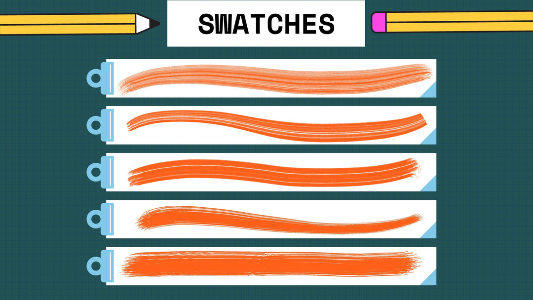 An image shows five horizontal paint swatches in shades of orange, from lightest to darkest, with pencils above and below. The word "SWATCHES" is displayed at the top, evoking the precision possible with digital artistry tools like Procreate Rake Texture Scratchy Brushes 21x by Esther Nariyoshi Studio on an iPad.