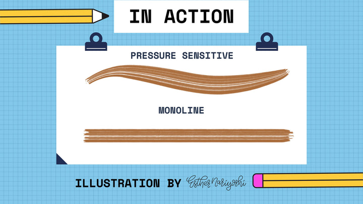 A comparison of "Pressure Sensitive" and "Monoline" brush strokes is displayed on a blue grid background with a pencil on each side. Text at the bottom reads "Illustration by Esther Noyoshi." This charming display showcases digital artistry, perfect for those using Procreate Rake Texture Scratchy Brushes 21x from Esther Nariyoshi Studio on an iPad.