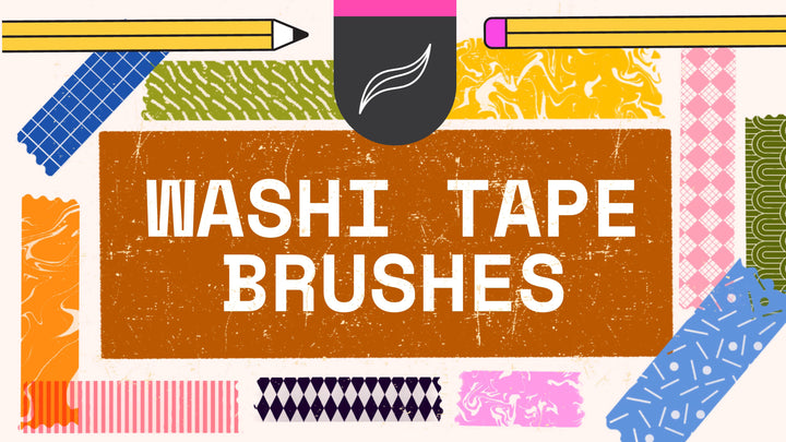 A variety of colorful washi tapes and two yellow pencils surround the text "Procreate Washi Tape Brushes 26-Pack" on an orange background, highlighting this vibrant digital product from Esther Nariyoshi Studio, perfect for creating Procreate seamless brushes.