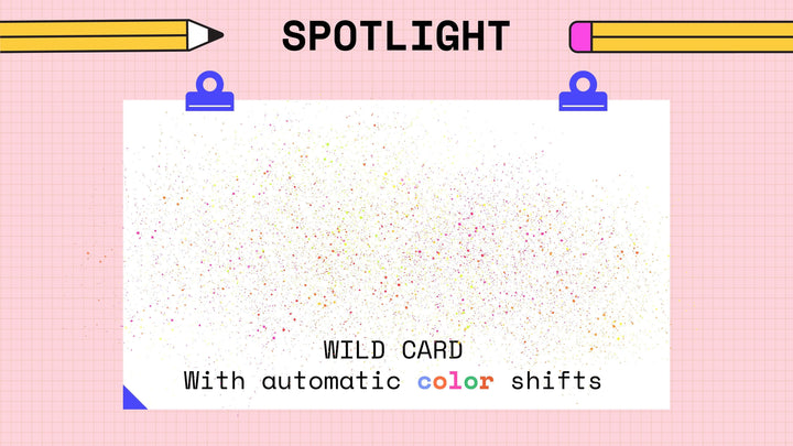 A white card featuring colorful speckles and the text "Procreate Speckled Texture Stamp Brushes 7-Pack by Esther Nariyoshi Studio" is clipped between two blue clips. The word "SPOTLIGHT" is above, flanked by a pencil and pencil eraser, creating an enticing piece of digital artwork with a speckled texture brush effect.