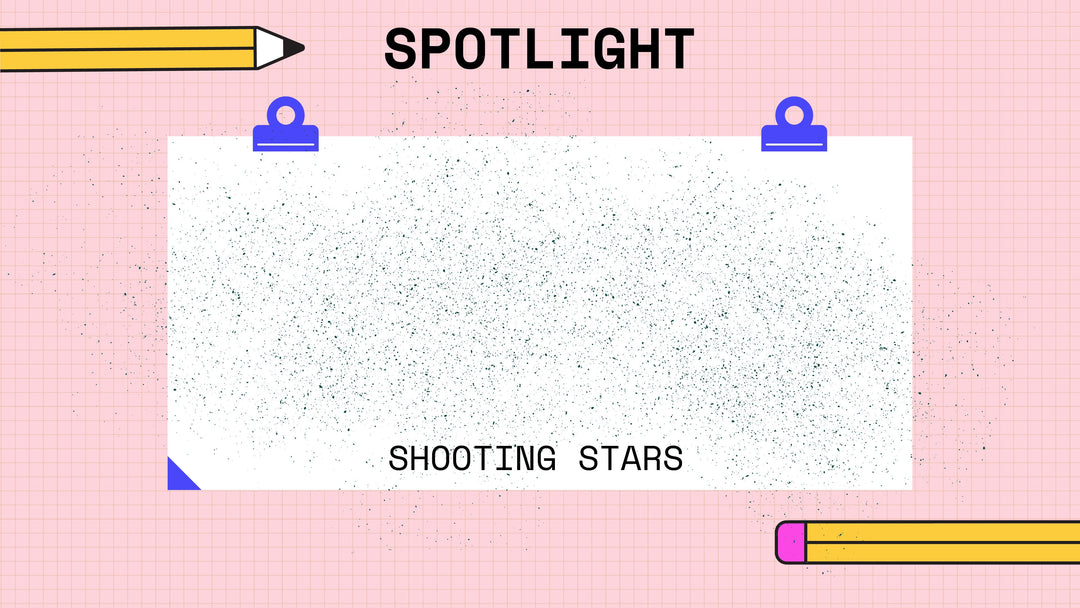 A graphic with "SPOTLIGHT" at the top, a white speckled section in the middle labeled "SHOOTING STARS," and a pencil and paper clip icon in the corners on a pink grid background, seamlessly created using Procreate Speckled Texture Stamp Brushes 7-Pack by Esther Nariyoshi Studio for that perfect digital artwork effect.