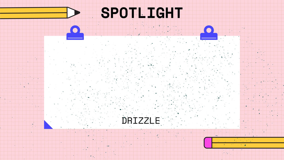 A pencil illustration at the top left, two blue clips hold a white paper labeled "SPOTLIGHT" with the word "DRIZZLE" in the center, and another pencil illustration at the bottom right on a pink grid background. The design hints at digital artwork, ideal for showcasing Esther Nariyoshi Studio's Procreate Speckled Texture Stamp Brushes 7-Pack.