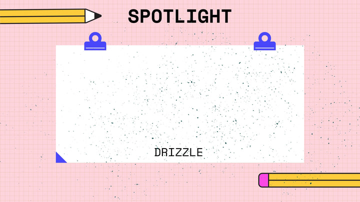 A pencil illustration at the top left, two blue clips hold a white paper labeled "SPOTLIGHT" with the word "DRIZZLE" in the center, and another pencil illustration at the bottom right on a pink grid background. The design hints at digital artwork, ideal for showcasing Esther Nariyoshi Studio's Procreate Speckled Texture Stamp Brushes 7-Pack.