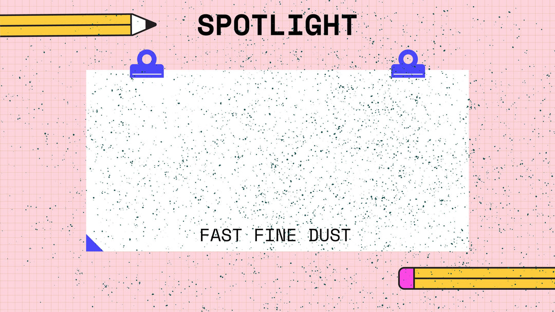 A white rectangular area labeled "Fast Fine Dust" is surrounded by a pink grid with black dots, two blue clips, and two pencils at the top left and bottom right corners. Text above reads "Spotlight." The Procreate Speckled Texture Stamp Brushes 7-Pack from Esther Nariyoshi Studio adds depth to this digital artwork created using Procreate stamp brushes.