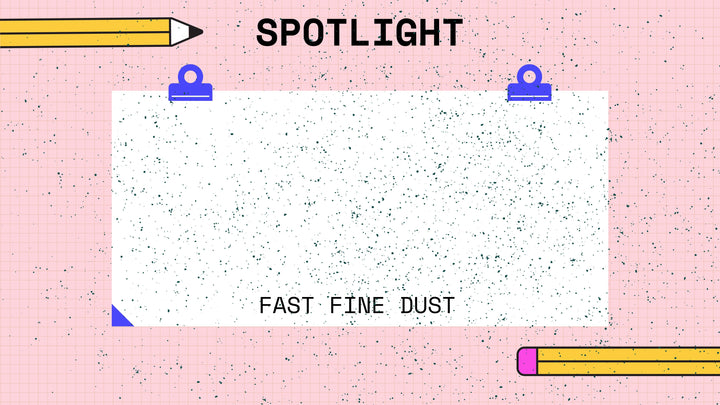 A white rectangular area labeled "Fast Fine Dust" is surrounded by a pink grid with black dots, two blue clips, and two pencils at the top left and bottom right corners. Text above reads "Spotlight." The Procreate Speckled Texture Stamp Brushes 7-Pack from Esther Nariyoshi Studio adds depth to this digital artwork created using Procreate stamp brushes.