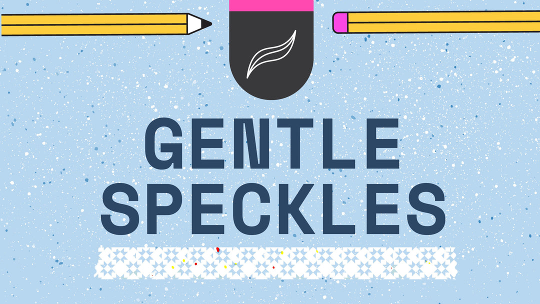 A background with light blue speckles and the text "GENTLE SPECKLES" in the center, created using Procreate Speckled Texture Stamp Brushes 7-Pack by Esther Nariyoshi Studio. There is a pencil at the top left and a pencil eraser at the top right. A black emblem with a white leaf is at the top center.