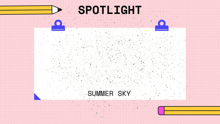 An empty white rectangular space with black speckles on a pink grid background. "SPOTLIGHT" is written at the top, "SUMMER SKY" at the bottom. A pencil is placed on the top left and bottom right corners, adding a touch of creativity reminiscent of digital artwork created with Procreate Speckled Texture Stamp Brushes 7-Pack by Esther Nariyoshi Studio.