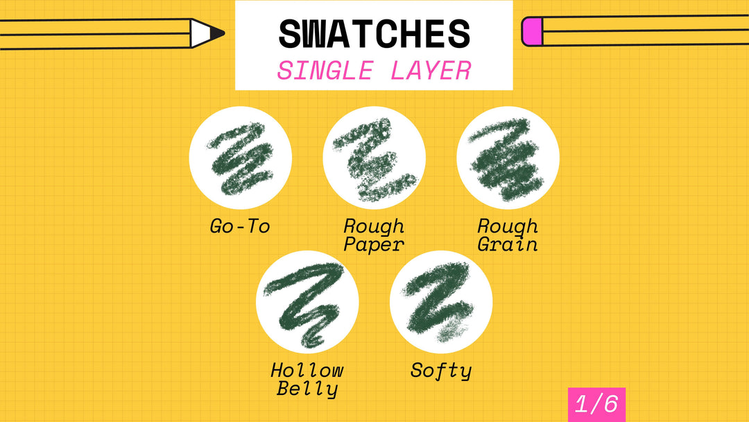 Image showcasing five green crayon-like swatches labeled "Go-To," "Rough Paper," "Rough Grain," "Hollow Belly," and "Softy" under the title "Swatches Single Layer." Bright yellow background with pencil graphics, featuring a high-quality Realistic Oil Pastel Procreate Brush Set 9-Pack Vol. 1 by Esther Nariyoshi Studio reminiscent of traditional oil pastels.