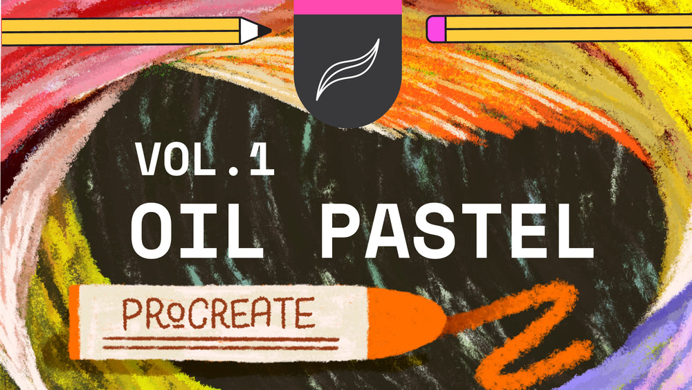 Illustration of oil pastel artwork with text "Realistic Oil Pastel Procreate Brush Set 9-Pack Vol. 1" and "Esther Nariyoshi Studio" featuring a colorful background, a pencil at the top, and an oil pastel crayon drawing an orange line, showcasing traditional oil pastels in a high-quality Procreate brush set.