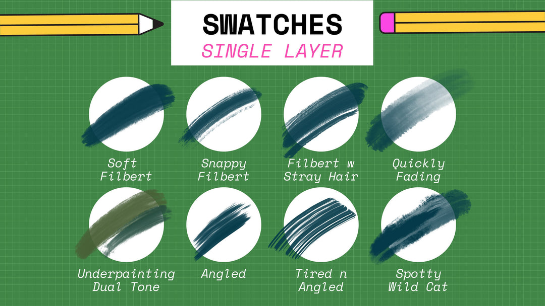 Image showing a grid of eight different paint swatches with versatile brush variants and high-quality textures on a green background. Labels identify each swatch, such as "Soft Filbert," "Snappy Filbert," and "Quickly Fading." Perfect for Esther Nariyoshi Studio's Realistic Procreate Acrylic Gouache Brushes 16-Pack.