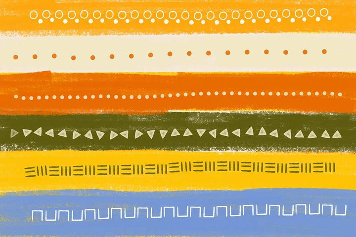 Abstract horizontal stripes in orange, yellow, and green with various "Decorative Procreate Lettering Brush Set 35 Pack" designs overlaying each stripe by Esther Nariyoshi Studio.