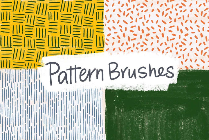 Graphic showing various textured patterns with the title "Decorative Procreate Lettering Brush Set 35 Pack" in a brush-stroke style font across the center by Esther Nariyoshi Studio.