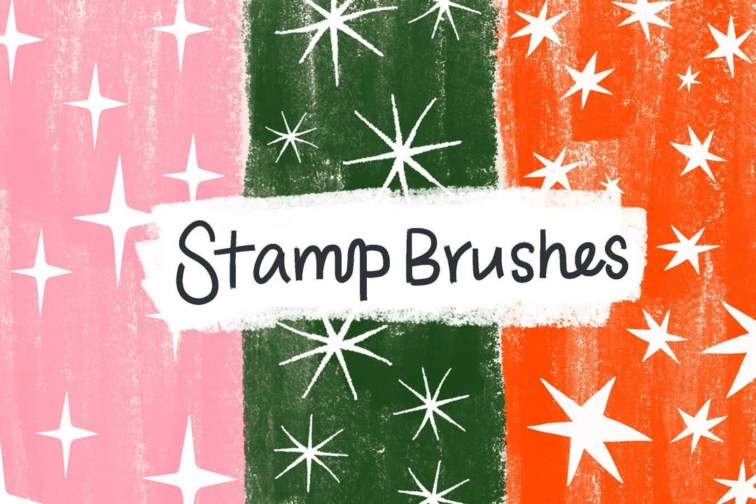 Colorful digital illustration with Decorative Procreate Lettering Brush Set 35 Pack over a striped pink and green background adorned with white stars and sparkles by Esther Nariyoshi Studio.