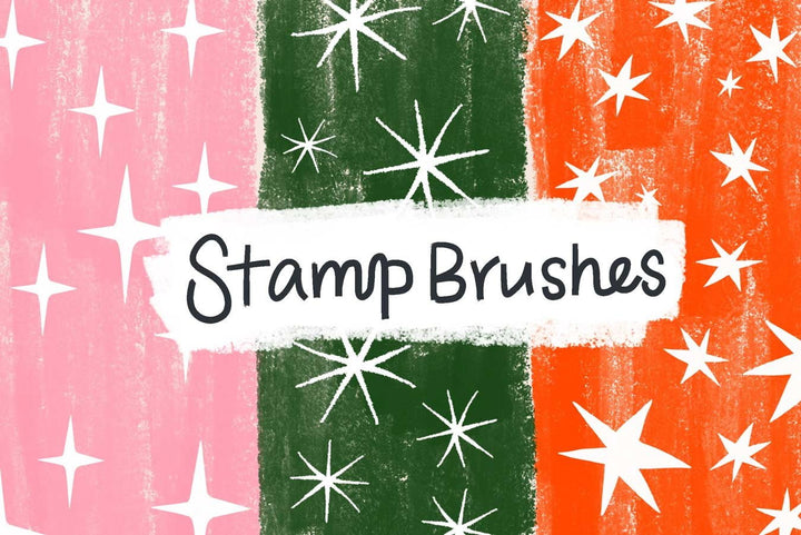 Colorful digital illustration with Decorative Procreate Lettering Brush Set 35 Pack over a striped pink and green background adorned with white stars and sparkles by Esther Nariyoshi Studio.