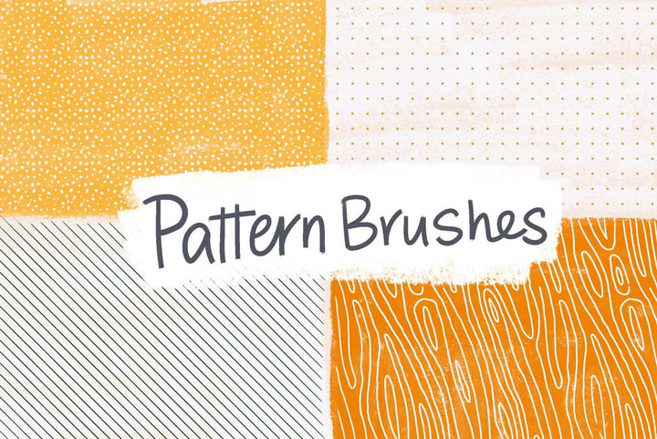 Image displaying four different pattern designs with a text overlay stating "Esther Nariyoshi Studio Decorative Procreate Lettering Brush Set 35 Pack.