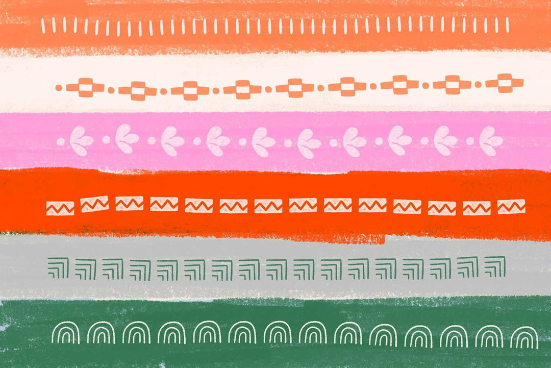 Abstract painting with horizontal stripes in orange, pink, and green, created using Esther Nariyoshi Studio's Decorative Procreate Lettering Brush Set 35 Pack and decorated with various geometric and floral patterns.