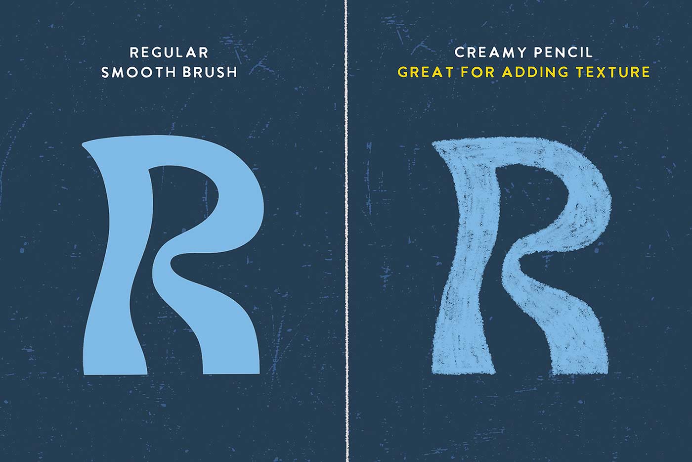 Comparison of two artistic techniques: a regular smooth iPad Brush Set "r" versus a creamy Esther Nariyoshi Studio Procreate Realistic Colored Pencils Brush Set 4-Pack texture "r" on a dark blue background.