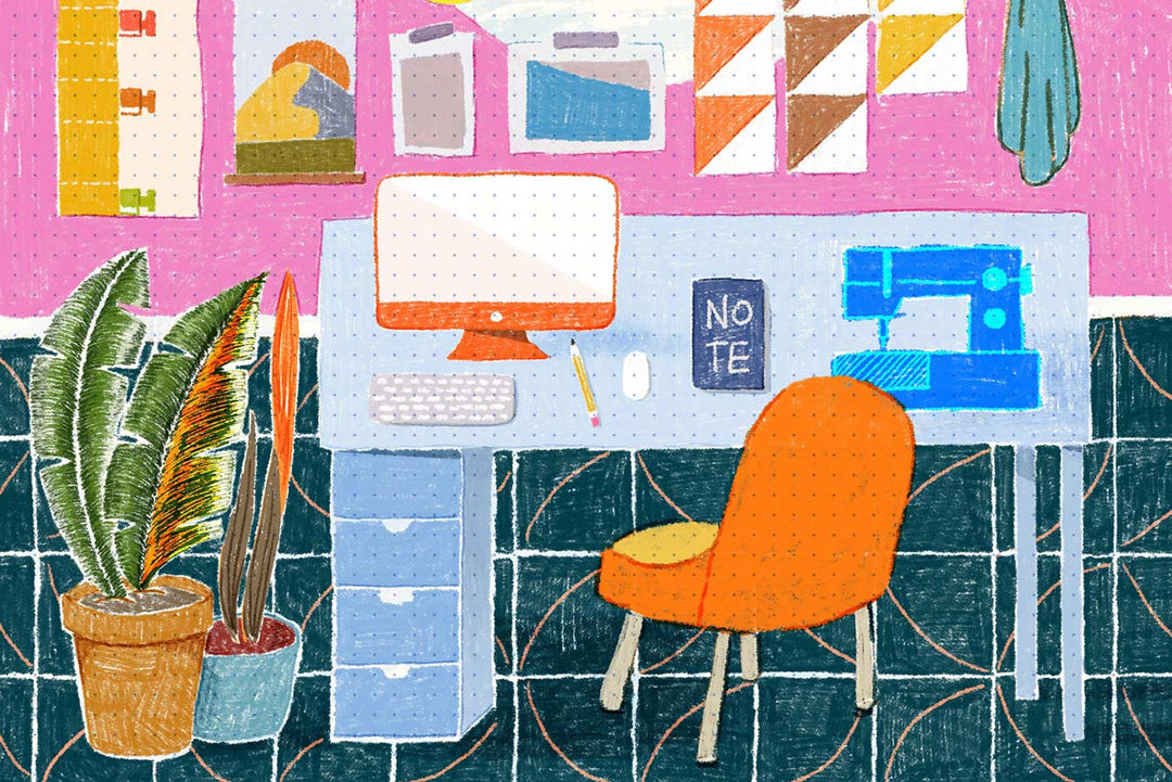 Illustration of a workspace with an orange chair, computer, notebook, sewing machine, and potted plants, set against a pink wall adorned with various pictures and a quilt pattern hanging above—all brought to life with realistic textures using the Procreate Realistic Colored Pencils Brush Set 4-Pack by Esther Nariyoshi Studio.