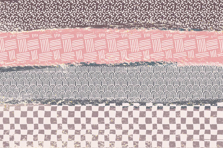 Abstract pattern with horizontal bands featuring textures and digital artwork designs such as waves, stripes, and checkers in muted pink, white, and gray tones created using the "Procreate Organic Seamless Brushes 20-Pack" by Esther Nariyoshi Studio.