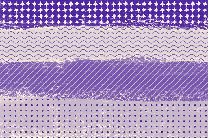 Patterned horizontal stripes and designs in purple and white, featuring stars, wavy lines, Esther Nariyoshi Studio's Procreate Organic Seamless Brushes 20-Pack.