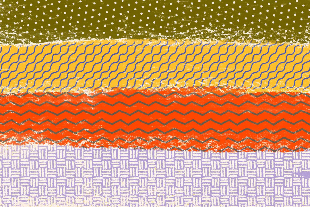 Abstract digital artwork featuring horizontal stripes in various patterns and colors, including green, yellow, orange, and purple created using the Procreate Organic Seamless Brushes 20-Pack from Esther Nariyoshi Studio.