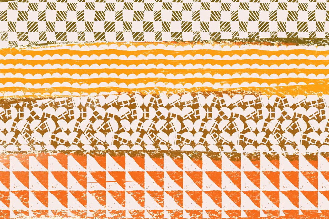 Abstract background featuring horizontal stripes in shades of orange and white with various textured patterns created using Esther Nariyoshi Studio Procreate Organic Seamless Brushes 20-Pack.