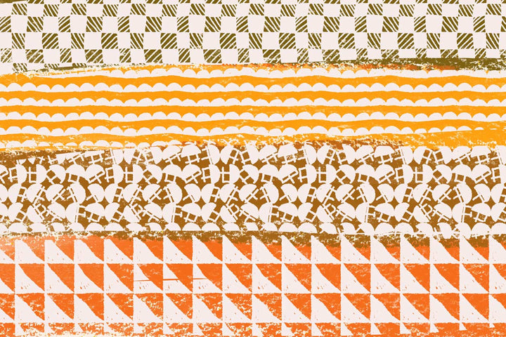 Abstract background featuring horizontal stripes in shades of orange and white with various textured patterns created using Esther Nariyoshi Studio Procreate Organic Seamless Brushes 20-Pack.