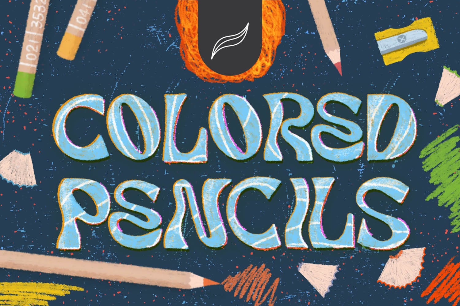 Illustration of Procreate Realistic Colored Pencils Brush Set 4-Pack, shavings, and an eraser surrounding the words "colored pencils" written in multicolored, chalk-like text on a blue background using Esther Nariyoshi Studio.